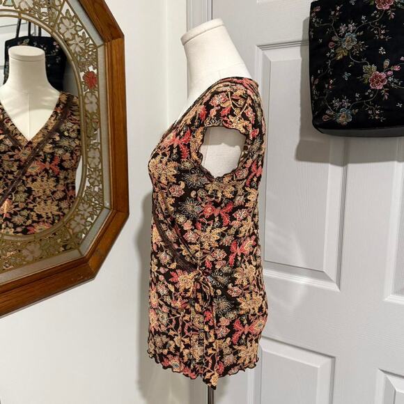 Style & Co Dark Brown & Orange Boho Floral Pattern Faux Wrap Mesh Fairy Top S - Picture 3 of 8